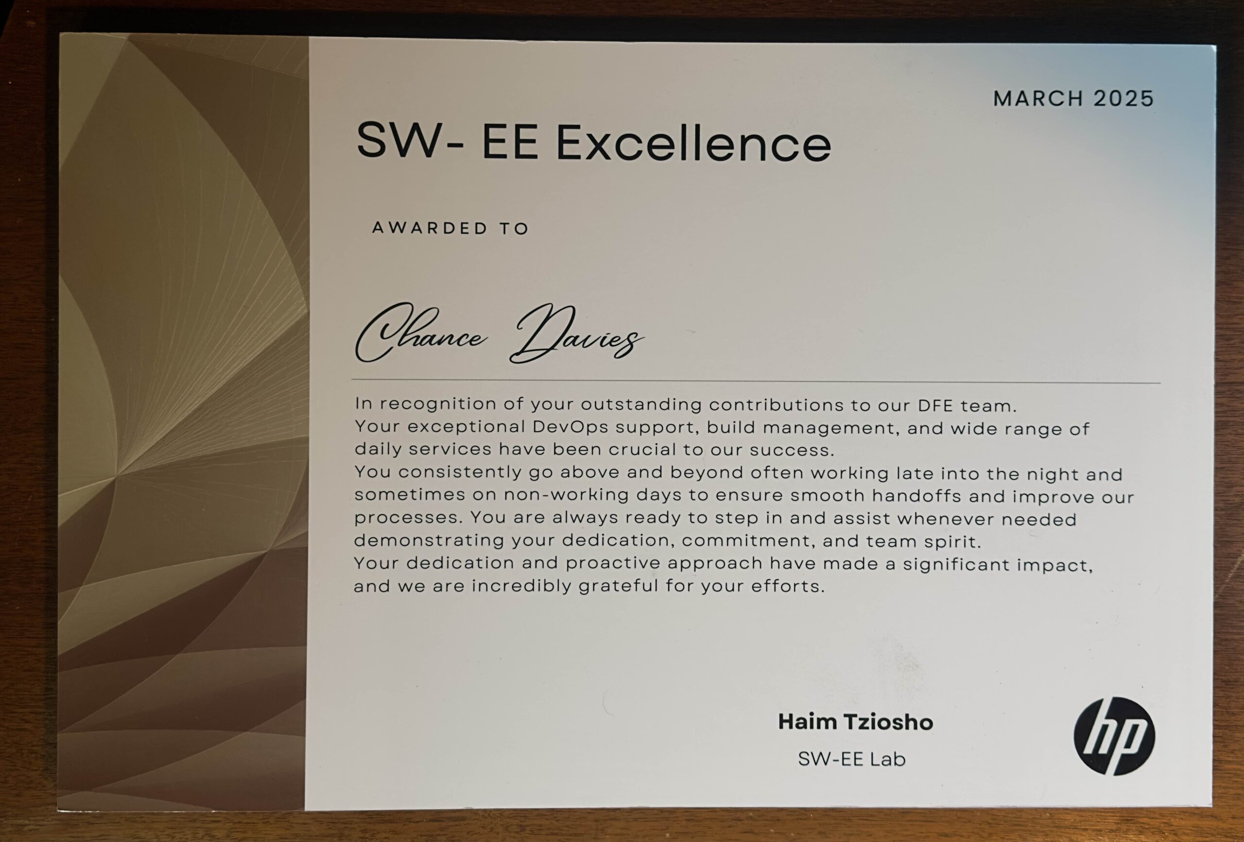 SW-EE Excellence Award certificate.